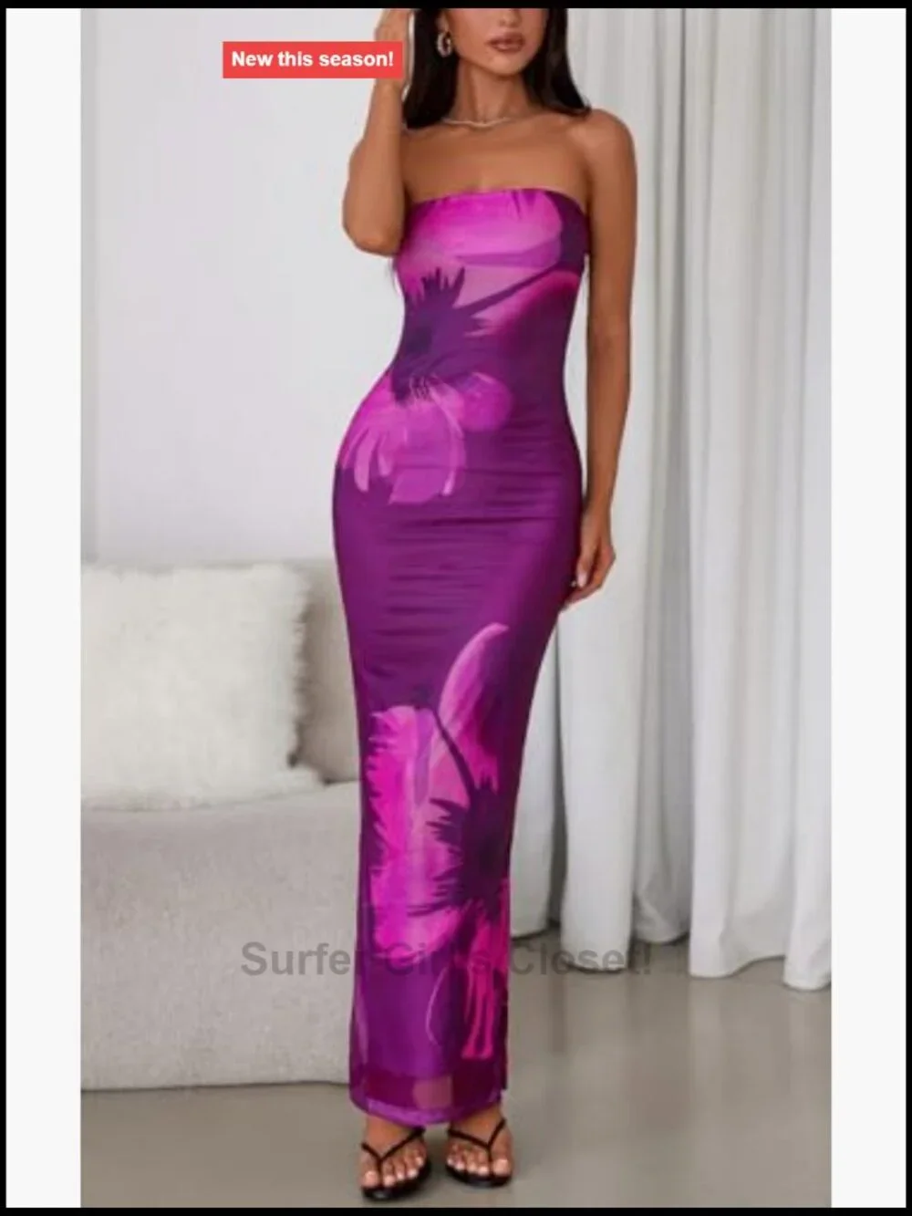 Strapless Bodycon Maxi Dress Floral Mesh Tube Top Party Cocktail Slit Side